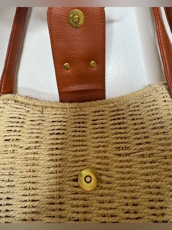 Woven wicker Crossbody Bag with Brown Trim magnetic closure adjustable summer - Picture 7 of 9